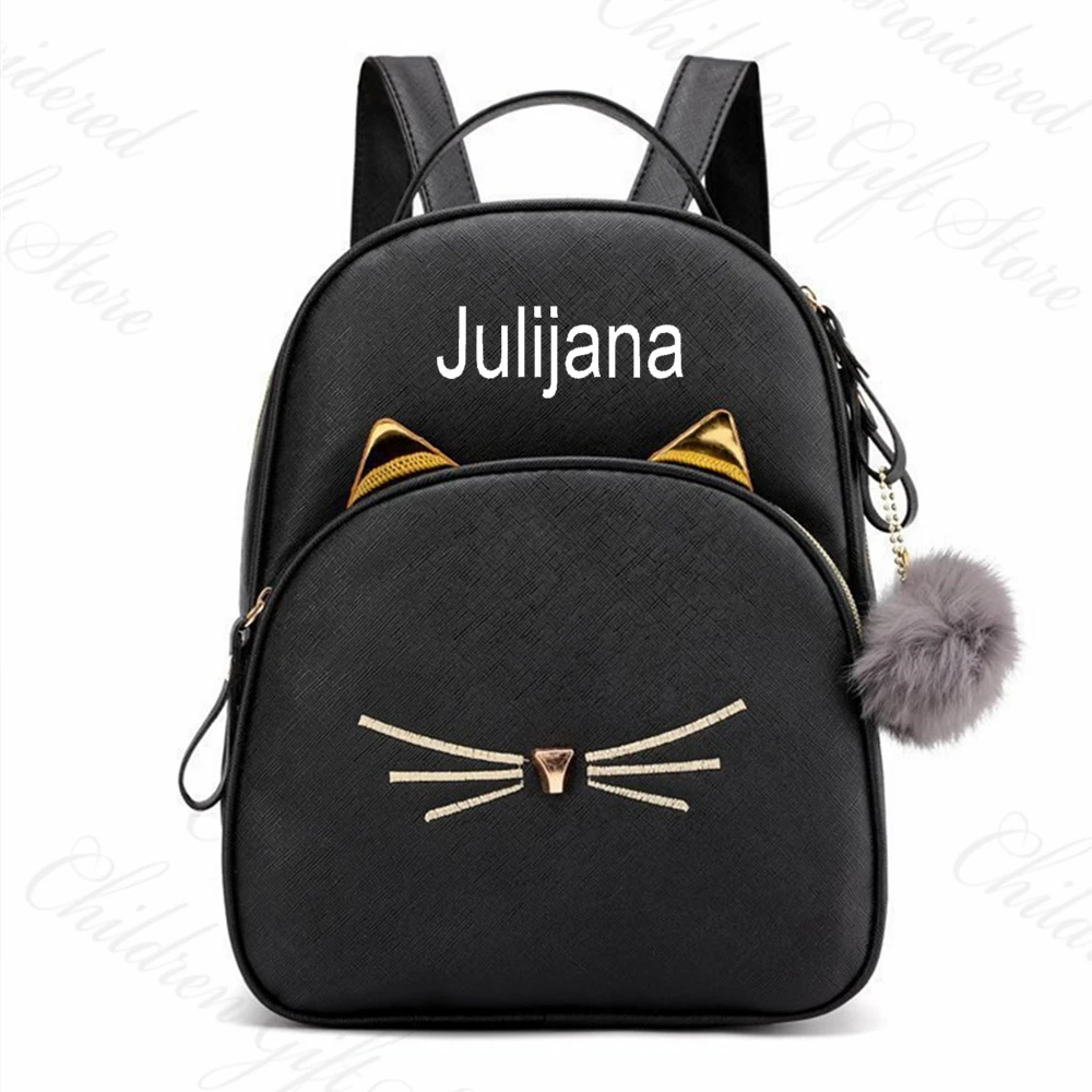 Cartoon Cat PU Backpack Personalized Name PU Simple Casual Women's Bag with Little Plush Ball Custom Cute Travel Shoulder Bag