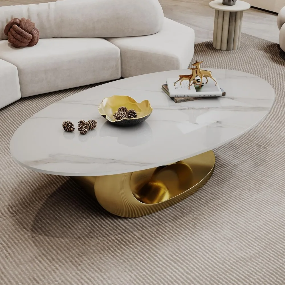 

Modern Faux Marble Coffee Table with Sintered Stone Top and Sculptural Stainless Steel Base, Luxury Center Table Centerpiece for