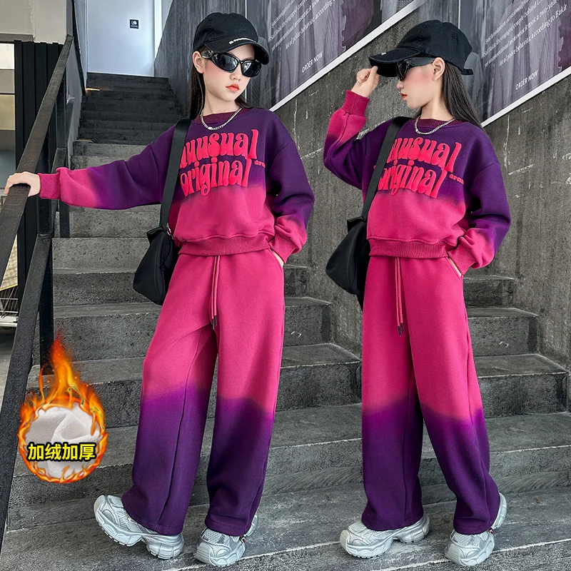 Girls Contrast Tie Dye Alphabet Sweatshirt+Drawstring Sweatpant Sets School Kids 2PCS Tracksuit Children Jogging Outfits 4-14 Yr