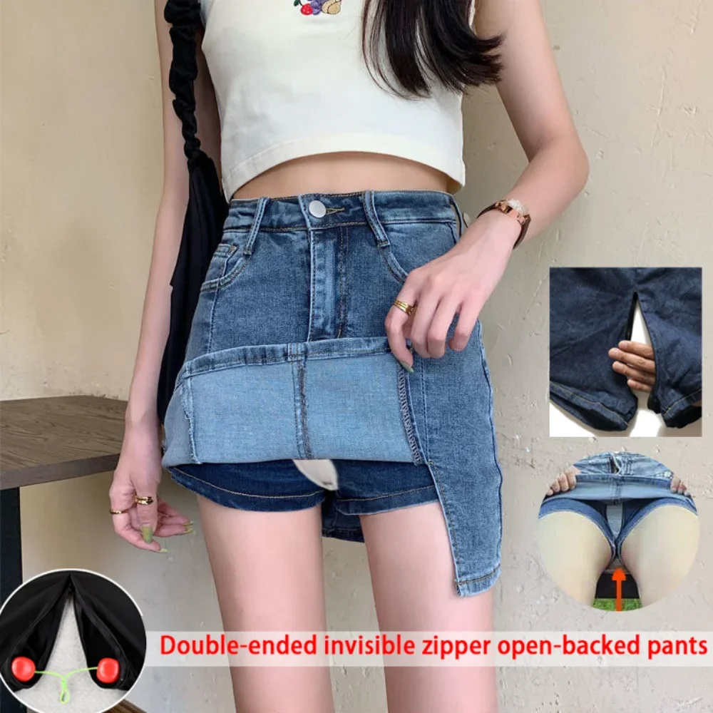 Mini Skirt Female Open Crotch Outdoor Sex Pants Women Jeans Skirts Exotic Casual Streetwear Vintage Denim Skort Korean Fashion