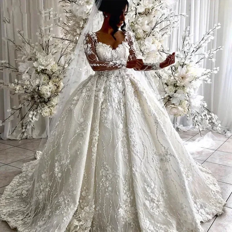 Customized  Vintage Full Lace Wedding Dresses Arabic 3D Floral Illusion  Long Sleeves Bridal Gowns V Neck Vestidos