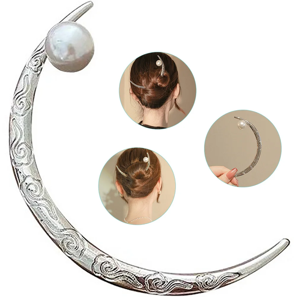 

Hairpin Ornament Stick for Women Moon Metal Barrettes Delicate Sticks Pearl Fork Women's Bobby Pins