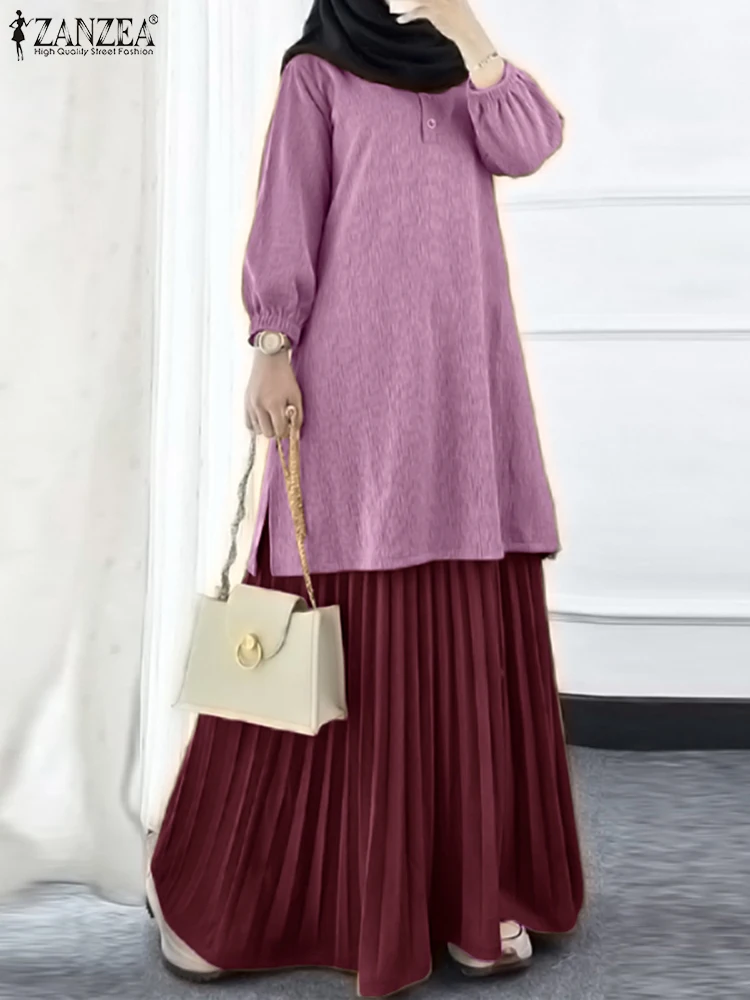 

ZANZEA, мусульманские осенние комплекты из двух предметов, женская одежда, костюм Абая, Дубай, хиджаб, спортивный костюм, 2025 г., повседневные комплекты с длинными рукавами и длинными топами, платья