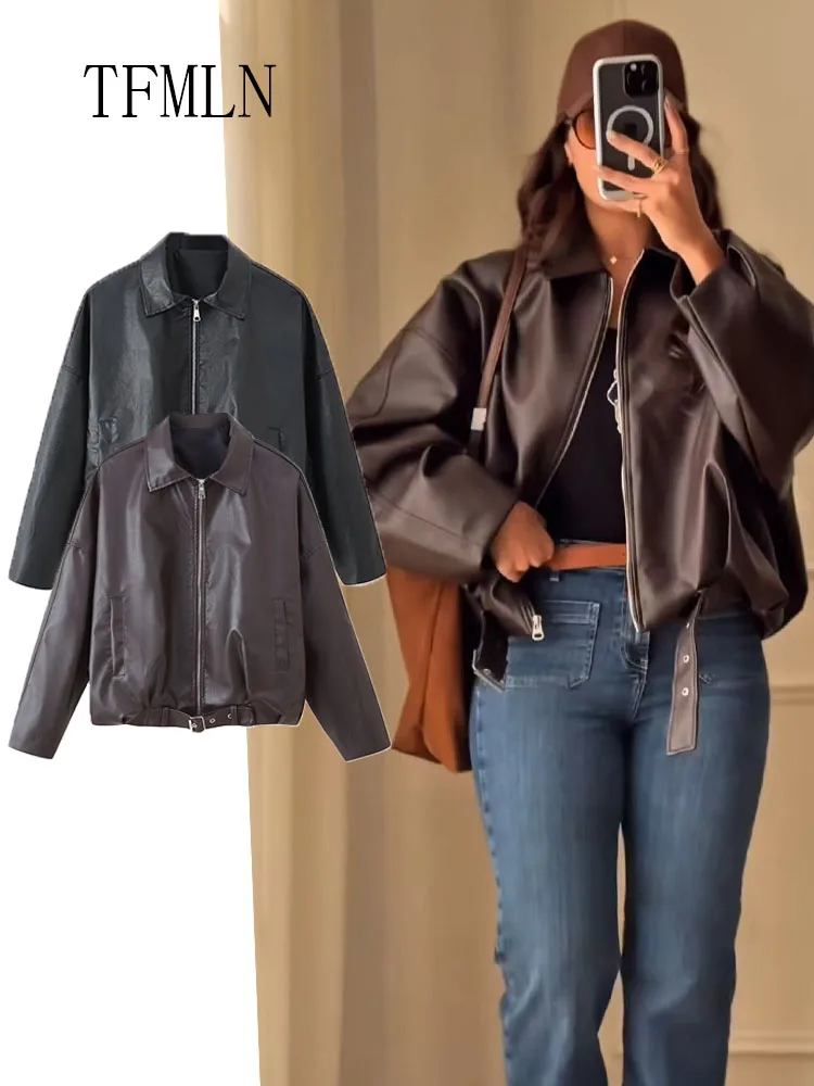 

Fashion Faux Leather Jackets For Women 2025 Autumn Chic Causal Full Sleeve Zipper Loose Belt Coat Vintage Lapel Oversize Outwear