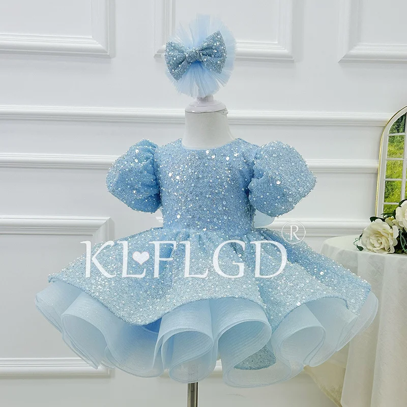 KLFLGD New Sequined Blue Dress, gorgeous Flower Girl Wedding Dress, High-End Banquet Custom Girl Beauty Pageant Costume