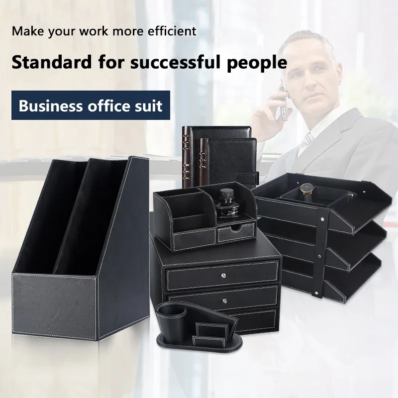 Office supplies desktop storage multifunctional business leather desk set organizer