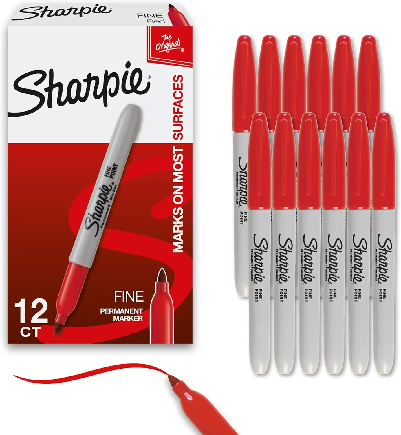 

Fine Tip Permanent Markers, Red, 12 Count - Quick Drying, Fade Resistant for Plastic, Metal, Wood