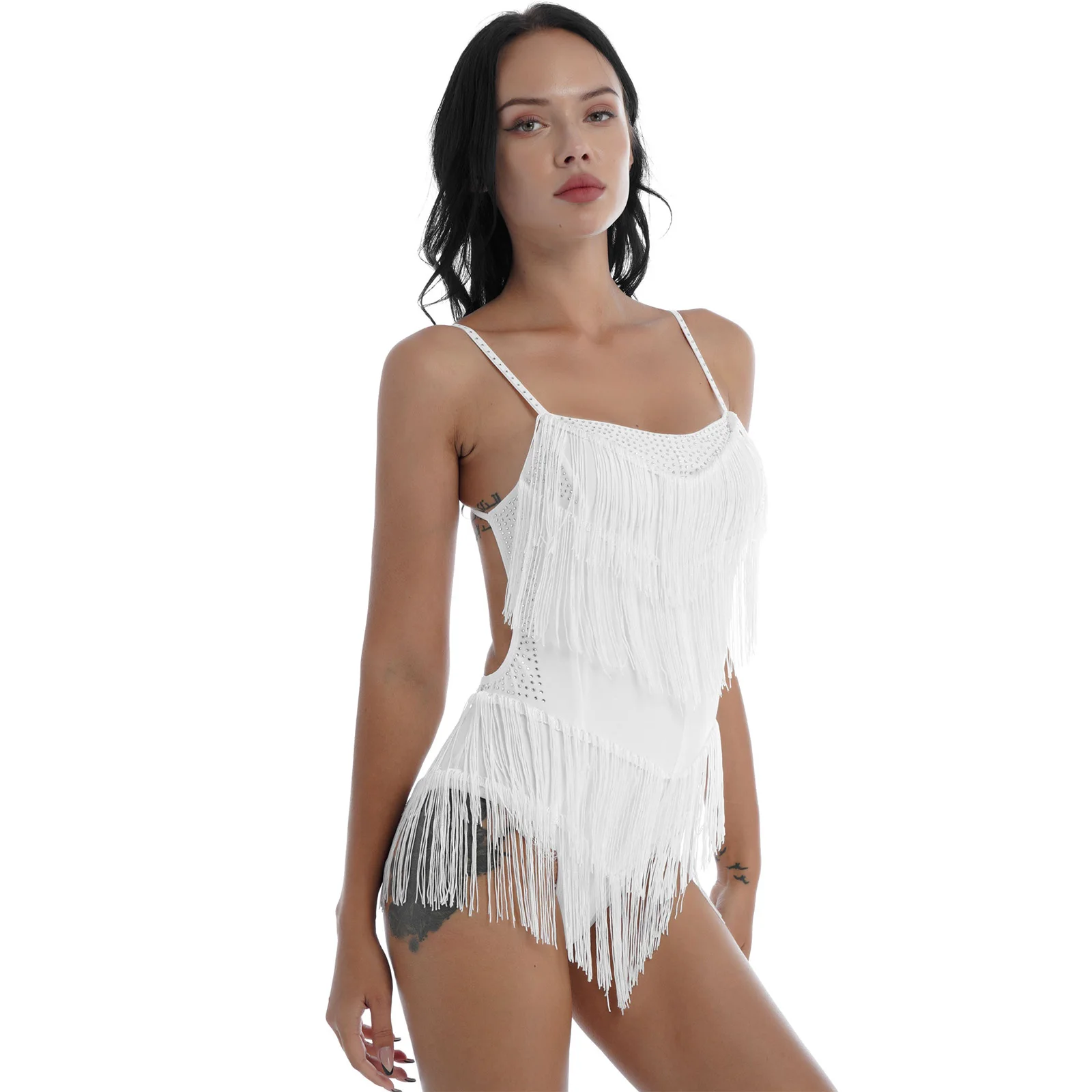 Women Rhinestone Tassel Latin Dance Dress Dancer Singer Entertainer Performance Costume Dancewear Backless Fringed Leotard Dress