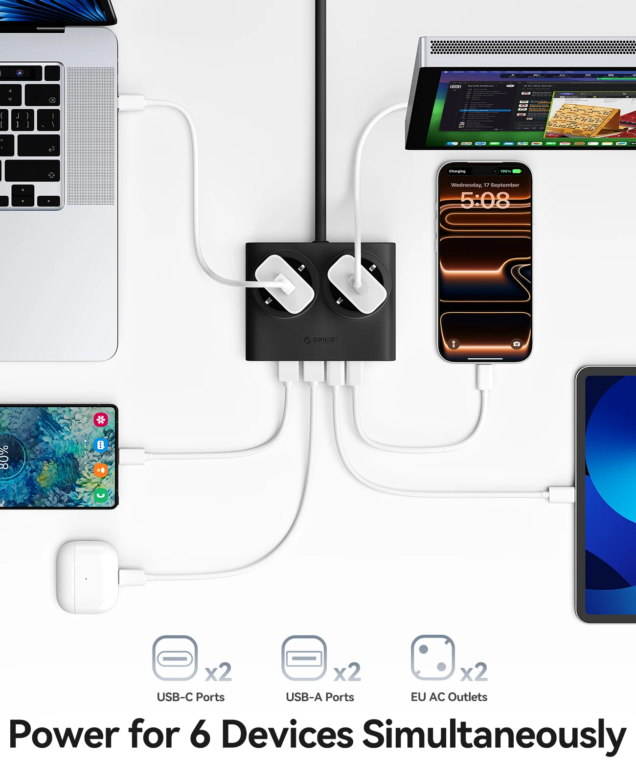 ORICO PD25W Desktop Power Strip with 2 Type-C Port 2 AC Outlets 2 USB-A Ports Charging Station for Phones And Electronics