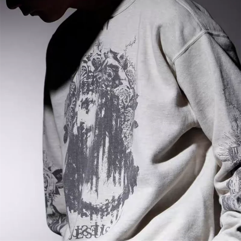 Washed Saint Portrait graffiti printing Sweatshirts Men Women Destroy Hoodie Crewneck