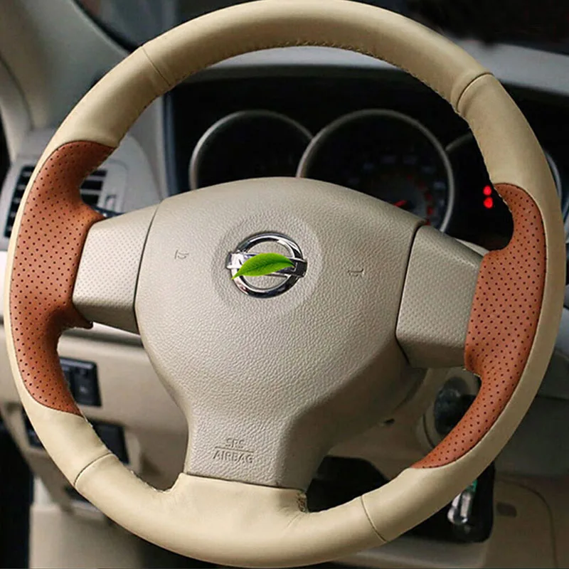 

beige Genuine Leather Car Accessories DIY Hand Stitched Car Steering Wheel Cover For Old Nissan Tiida Livina Sylphy Note