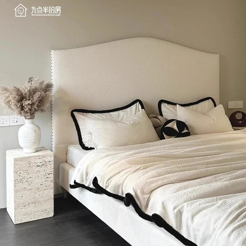 

9:30 Fabric bed retro French cream wind double bed simple modern American master bedroom wabi