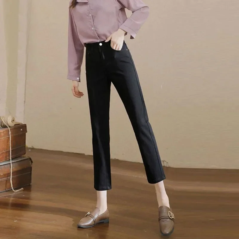 한국식 스트레이트 레그 청바지 여성 빈티지 하이 웨이스트 탄성 슬리밍 크롭 팬츠 부드러운 실루엣 가을/겨울