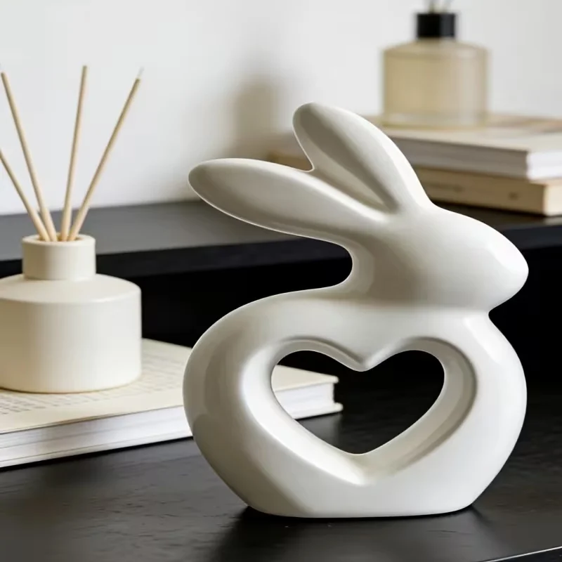3D Printed White Hollow Heart Rabbit Sculpture Minimalist Love Shaped Bunny Figurine Smooth Curved Lines Living Room Decor