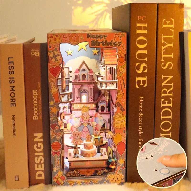 

Happy Birthday Cake Miniature Model Kits Bookshelf DIY Wooden Book Nook Shelf Insert Kit With Light Bookend for Friends Gifts