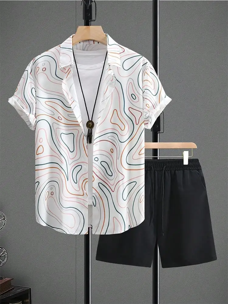 ملابس الشارع، بدلة هاواي، طقم قميص شاطئ مطبوع ثلاثي الأبعاد للرجال، قميص بأكمام قصيرة، شورت شاطئ كاجوال كبير الحجم #4