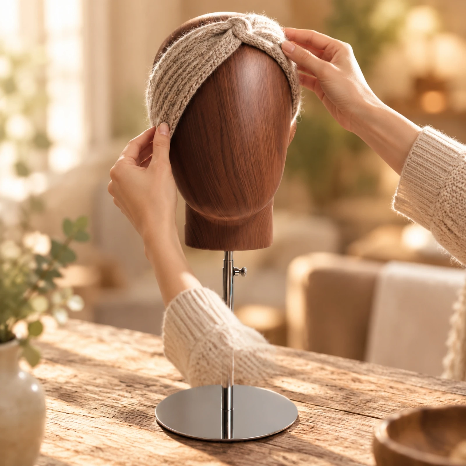 Head-Form Hat Display Stand Professional Freestanding Hat Display Stand with Wood-Grain Head Solid Structure Space-Saving