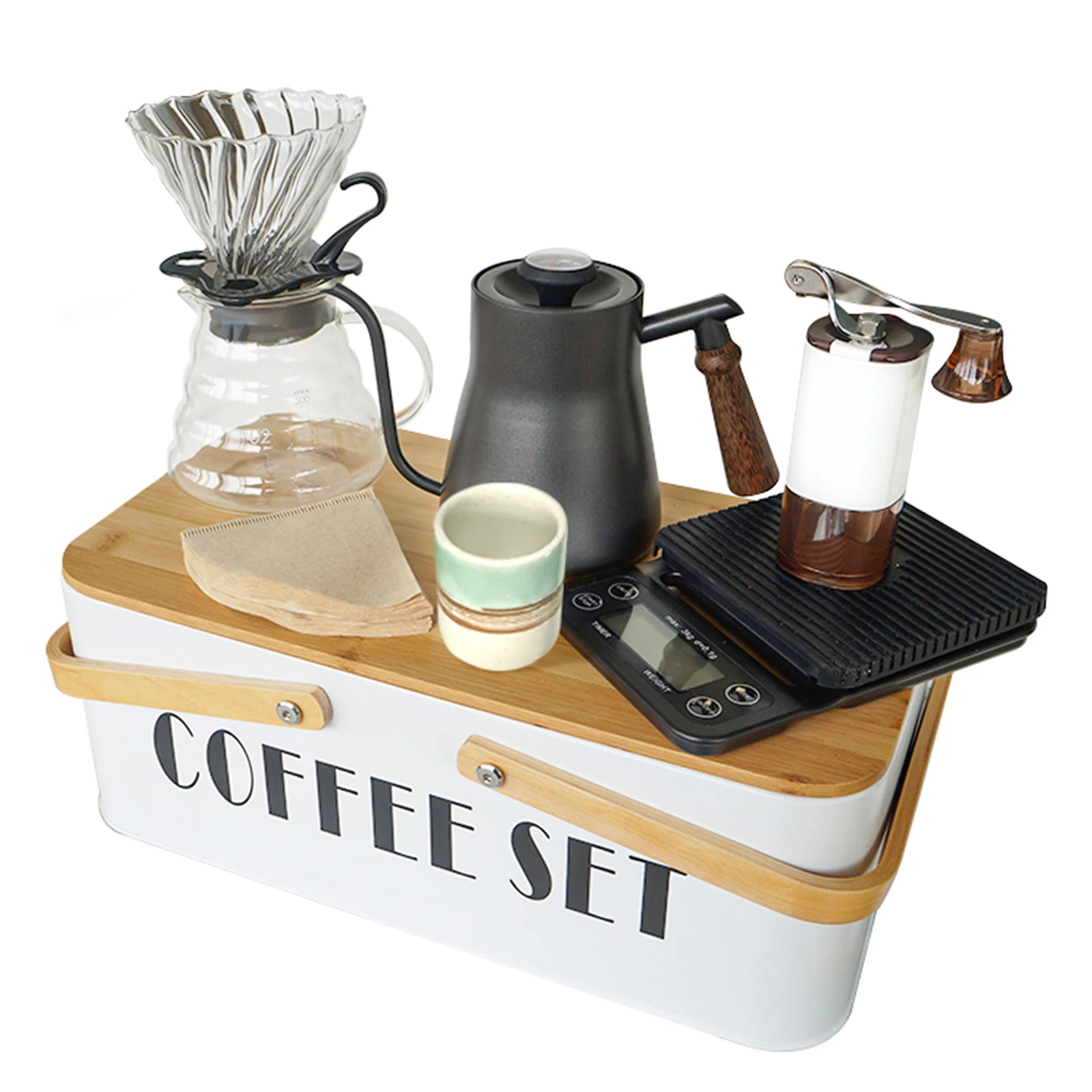 

Excellent Coffee Set Gift Box with Pour Over Coffee Kettle Mug Manual Grinder Filters Scale Metal Box for Outdoor Traveling