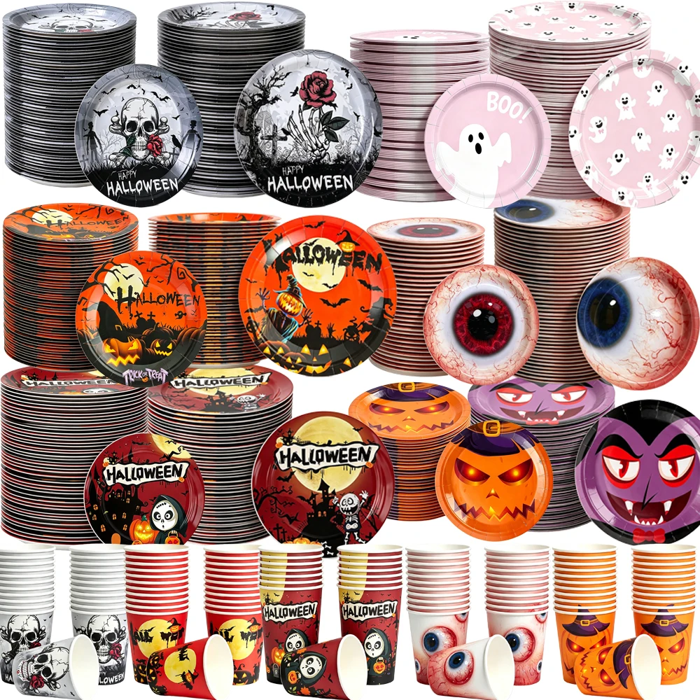 10/30/50 Pezzi Articoli per Feste di Halloween, Piatti e Bicchieri di Carta Usa e Getta da 7/9 Pollici, Decorazioni per Feste a Tema Spettrale, Fornit