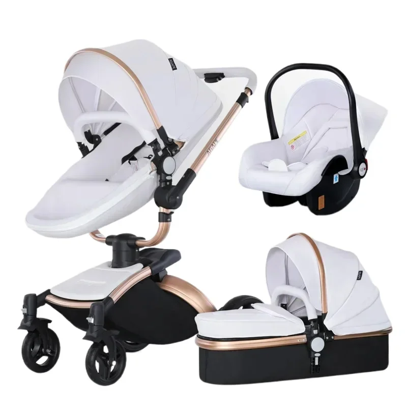 

Landscape baby carriage PU leathe Baby stroller 3in1 Two-way High r Foldable shock-absorbing eggshell stroller 2in1