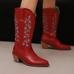 IPPEUM Women Cowboy Boots Mid Calf Red Leather Size 43 Bota Western Feminina Zapatos Mujer 2024 Tendencia