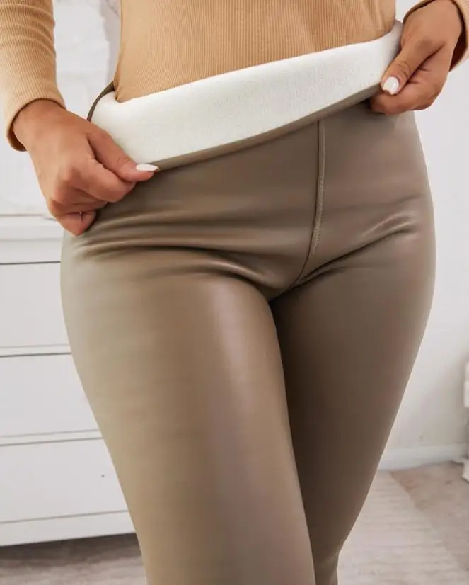 

Women's Pants 2025 Winter Fashion PU Leather Fleece Lined Thermal Casual High Waist Plain Skinny Daily Long Leggings