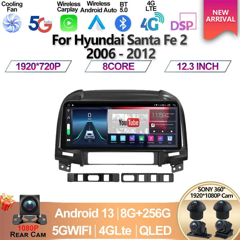 

12.3 inch For Hyundai Santa Fe 2 2006 - 2012 Android 13 Auto Car Radio Multimedia Player GPS Navigation Video Player 2din DVD 4G