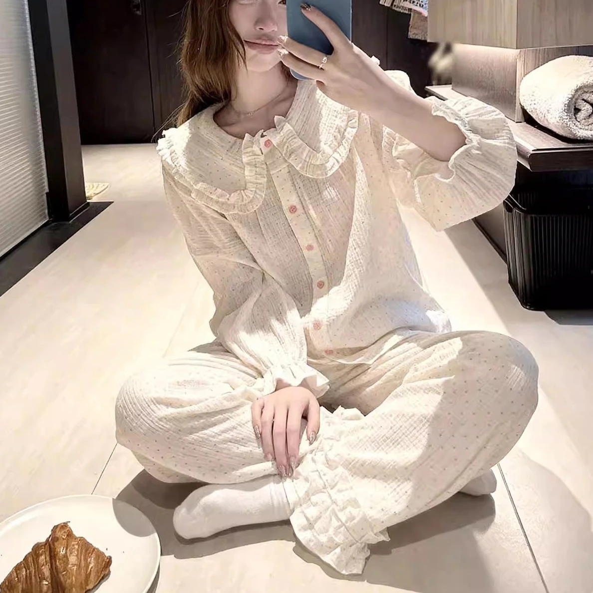 Women's 100% Pure Cotton Gauze Pajama Sweet Peter Pan Collar Long Sleeve Pants Set Loose Fit Soft Breathable Home Loungewear