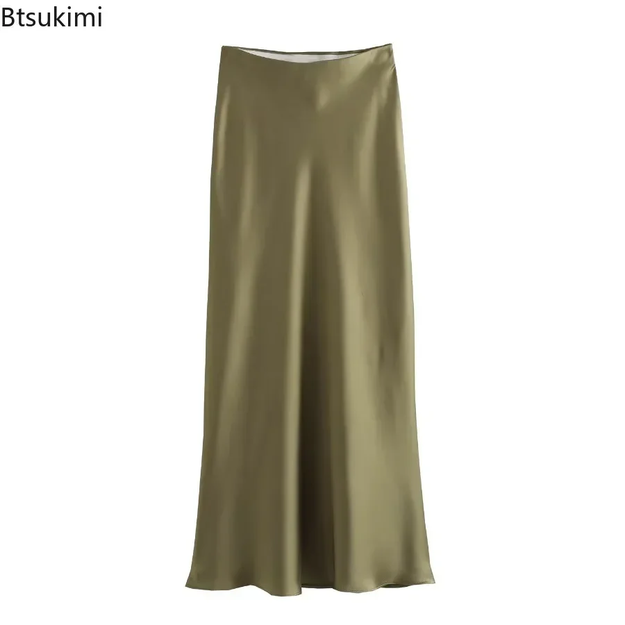 New Women's Elegant Satin Silk Long Skirt French Style High Waist Solid Color A Line Skirt Dress Office Ladies Formal Half Skirt