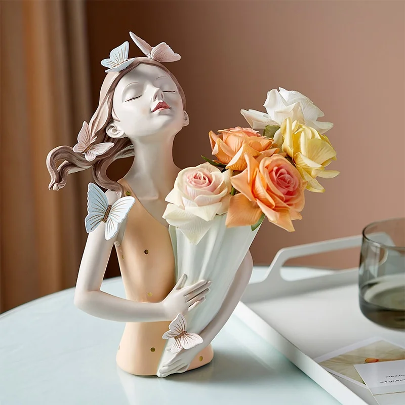 European Style Butterfly Girl Flower Vase, Resin Craft Desktop Ornament for Home Floral Decor