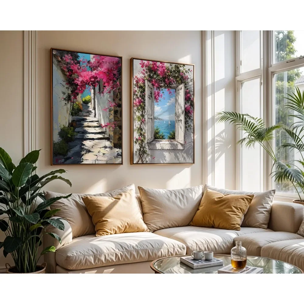 2pcs frameless Canvas Painting 2pcs Frameless,Mediterranean Coast Wall Art Collection,Pink Poster,Italian Poster,Bohemian Style,