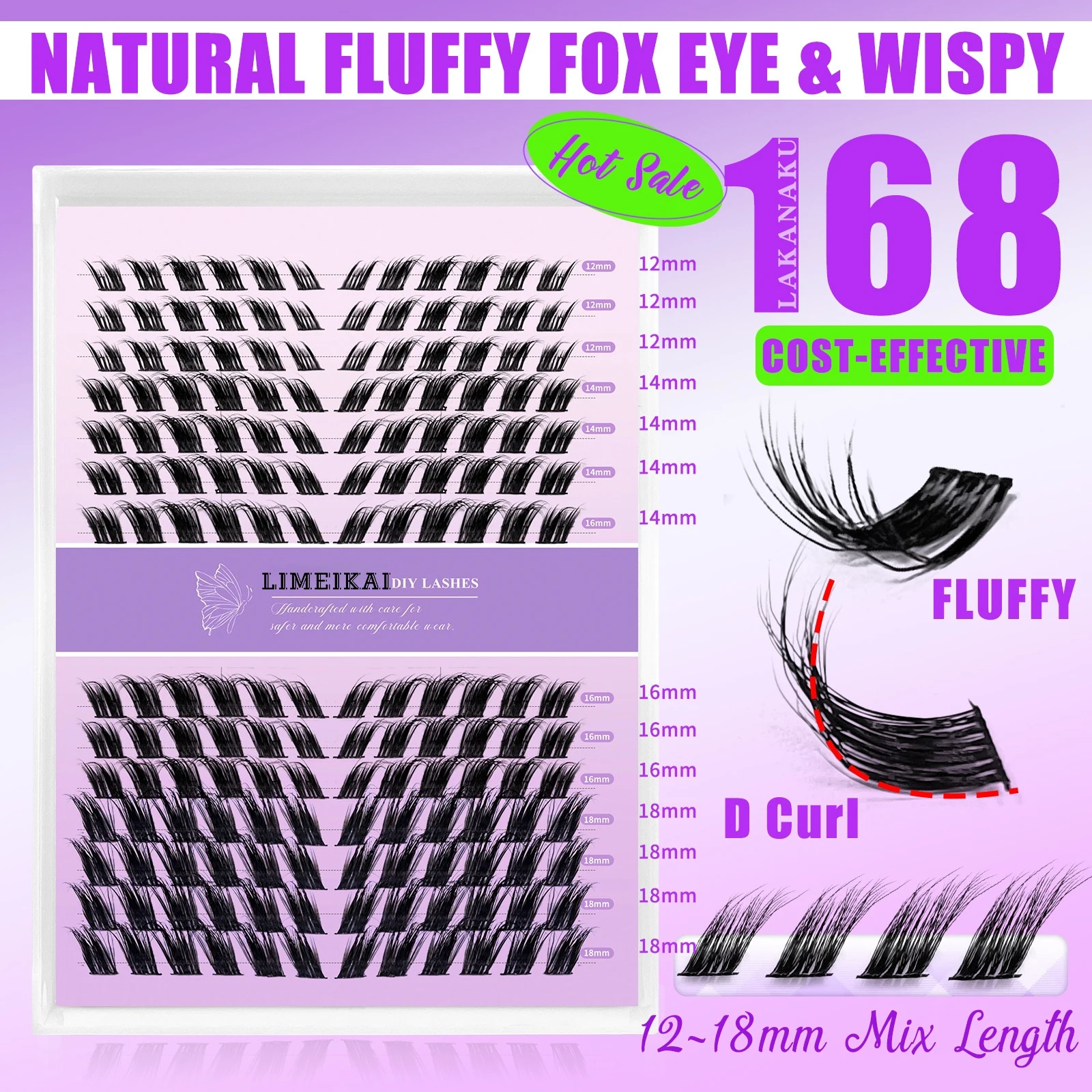 168Pcs C‑Curl Fox Eye Slanted Lash Clusters, Mixed 12‑18mm DIY Individual False Eyelashes, Easy to Apply for Dating, Party, Tra