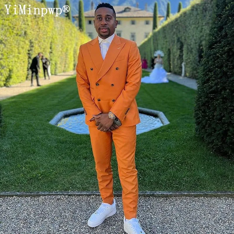

Orange Men Formal Suits for Black Men Peaked Lapel Double Breasted Wedding Party Mens Clothes Blazer Sets 2 Pieces Jacket+Pants