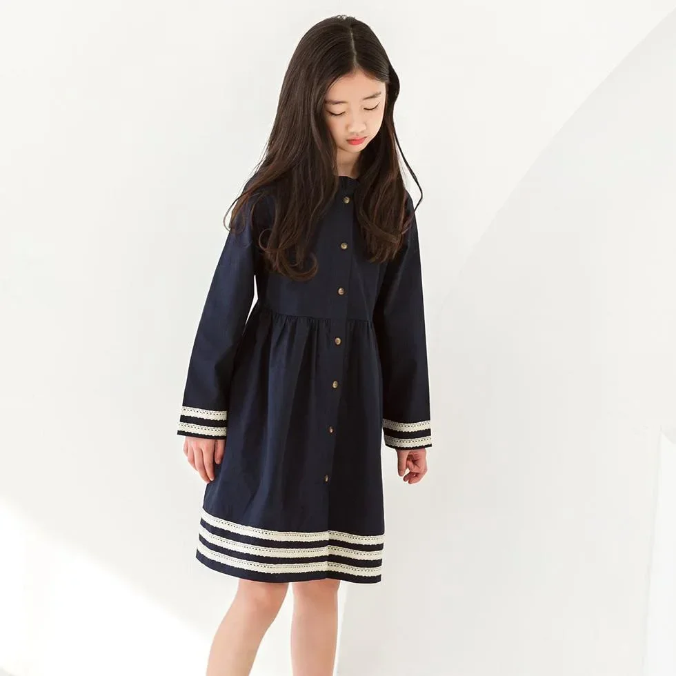 Dress Girl Teenager Elegant Navy Blue Long Sleeve Dress Lace Patchwork Shirt Tops 8 10 12 13 14 years old