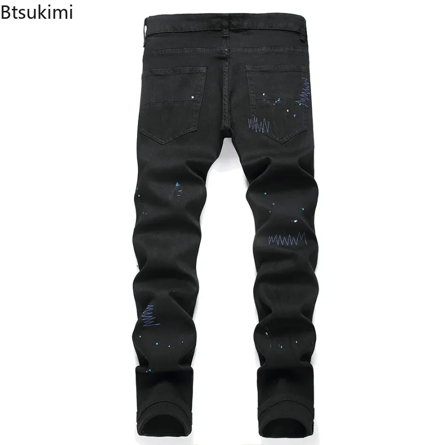 2026 New Men's Fashion Crystal Cross Stretch Denim Jeans Holes Ripped Distressed Black Pants Embroidery Slim Tapered Trousers