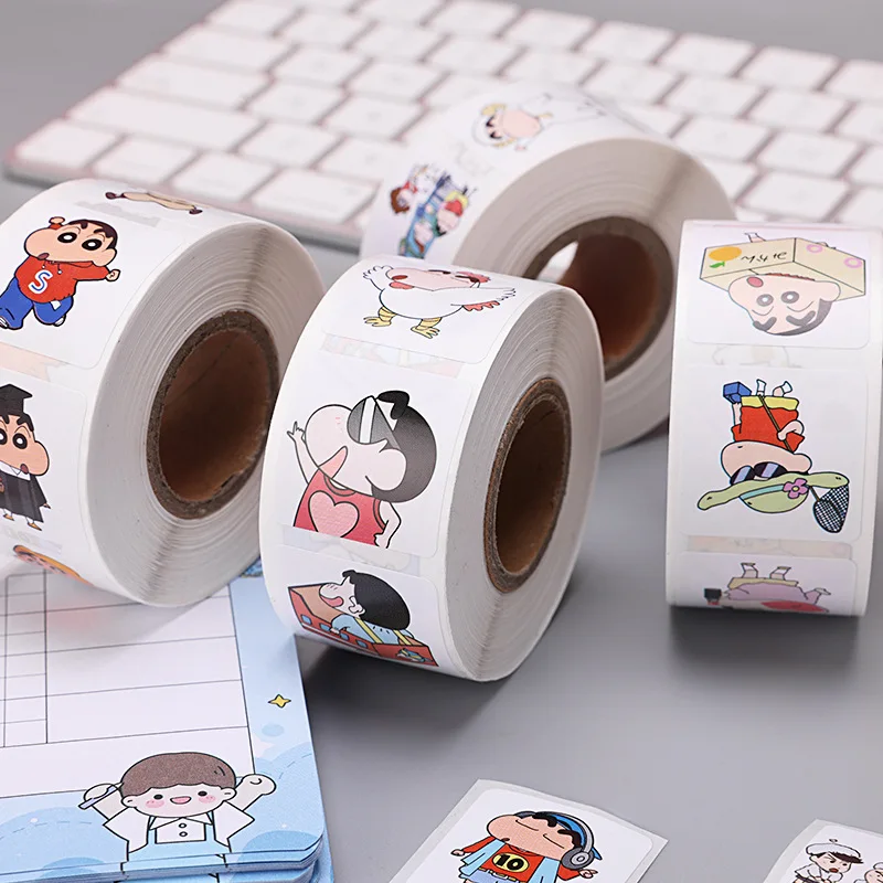 2023 New Crayon Small New Square Sealing Stickers 500PCS/ Roll Coated Paper Self-adhesive Cartoon Children Stickers Wholesale