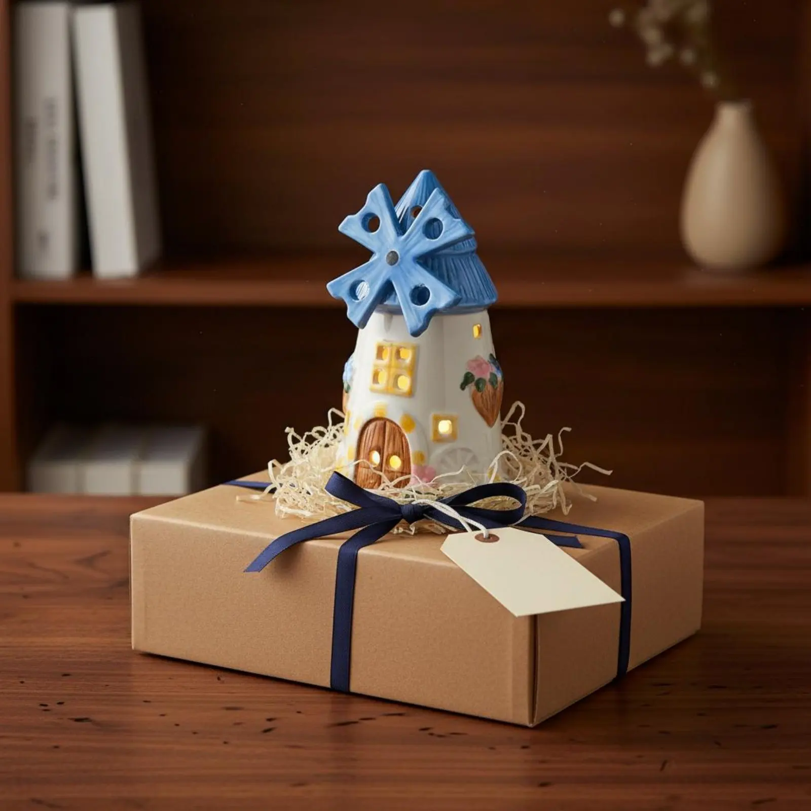 

Вращающаяся настольная лампа-фигурка в виде домика с вентилятором, ночник, декоративный элемент, милый дизайн, на батарейках, винтажный стиль