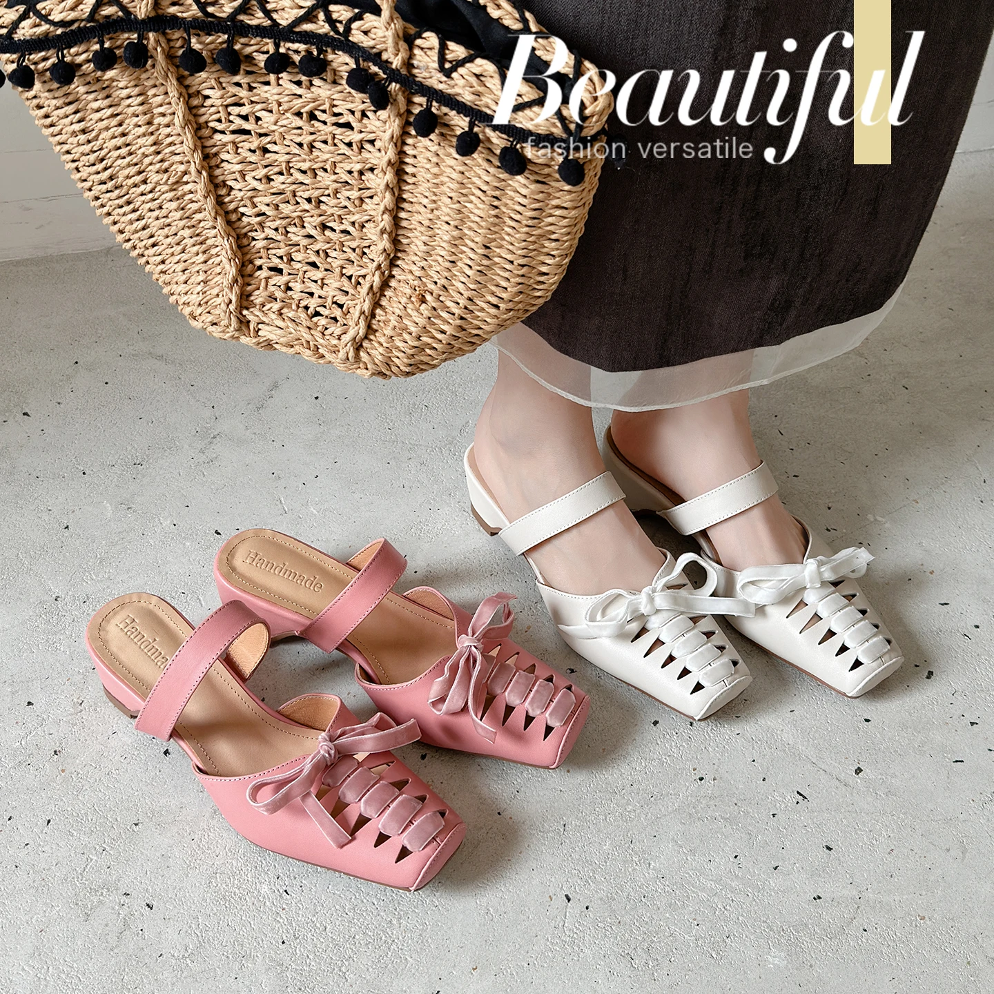 2026 new summer women sandals natural leather 22-24.5cm cowhide+pigskin t-strap butterfly-knot mules high heel women slippers