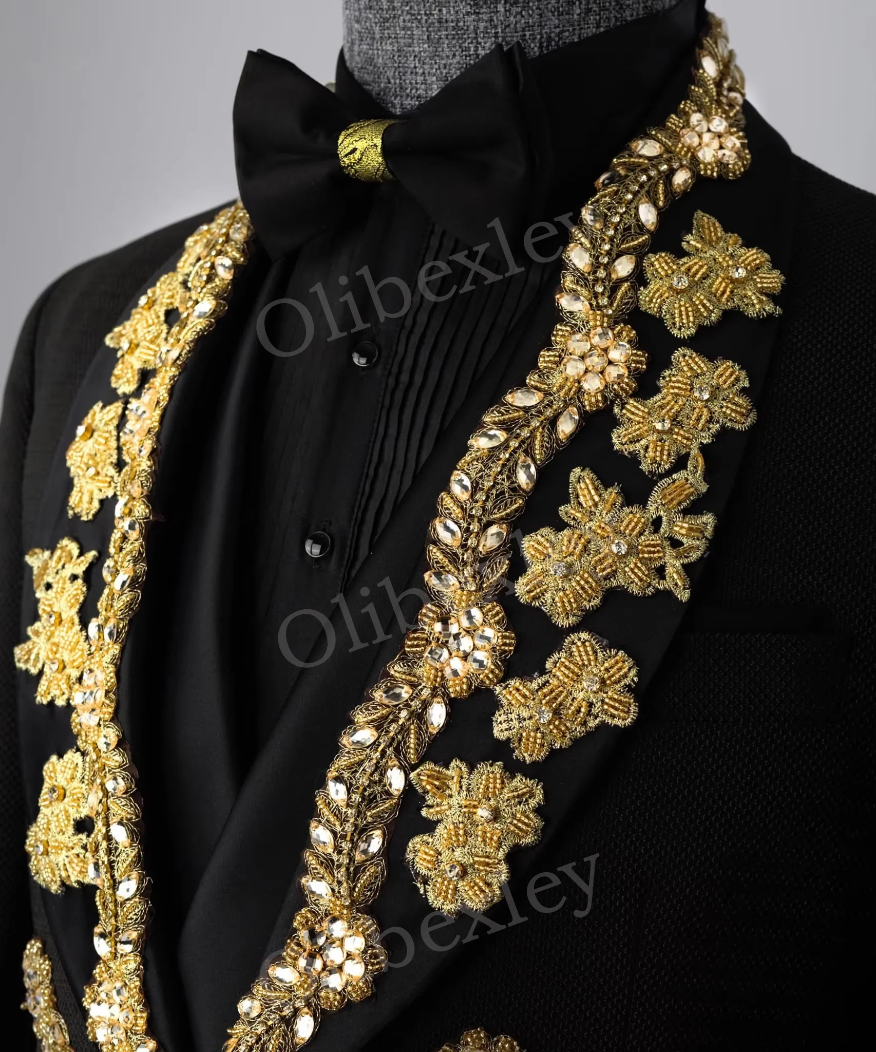 Olibexley Men's Suits Black 2 Pieces Trends Costumes Floral Sequined One Button Slim Fit Tuxedos Wedding Groom Business Prom