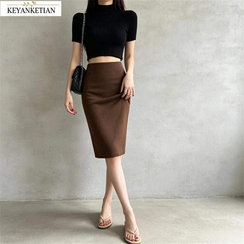 KEYANKETIAN 2026 Women Solid High Waist Pencil Midi Skirt Stretch Knit Slim Bodycon Simple Elegant Daily Office Wear Half Skirt