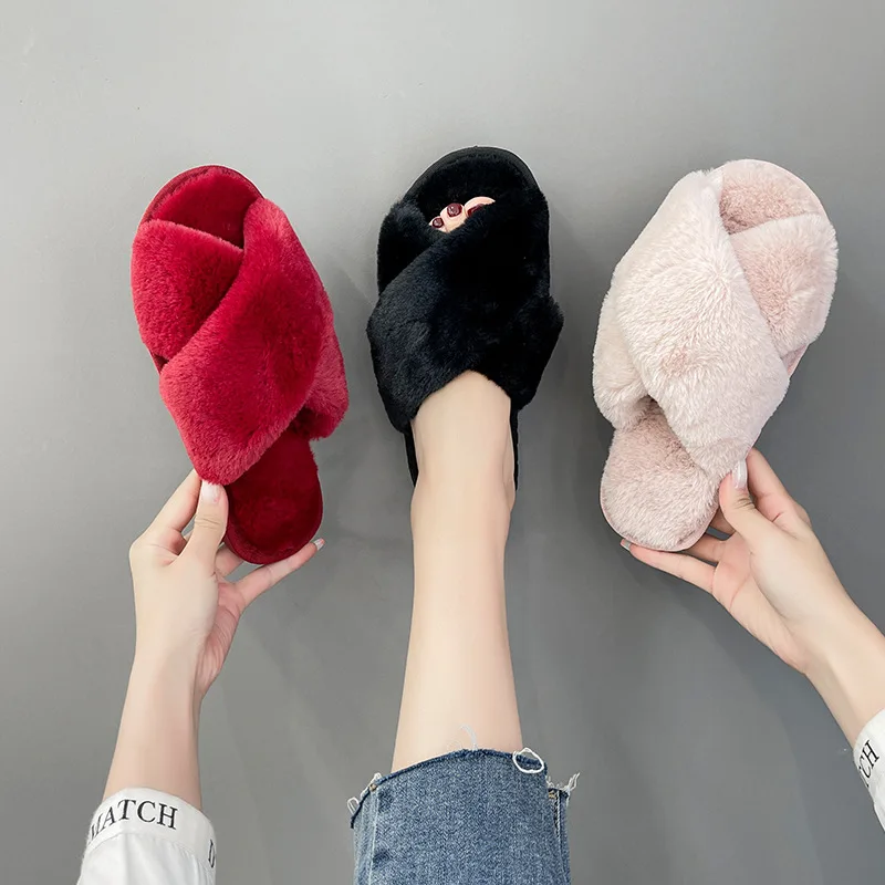 House Slippers Winter Women  Faux Fur Fashion Warm Shoes Woman Slip on Flats Female Slides Black Pink cozy home furry slippers