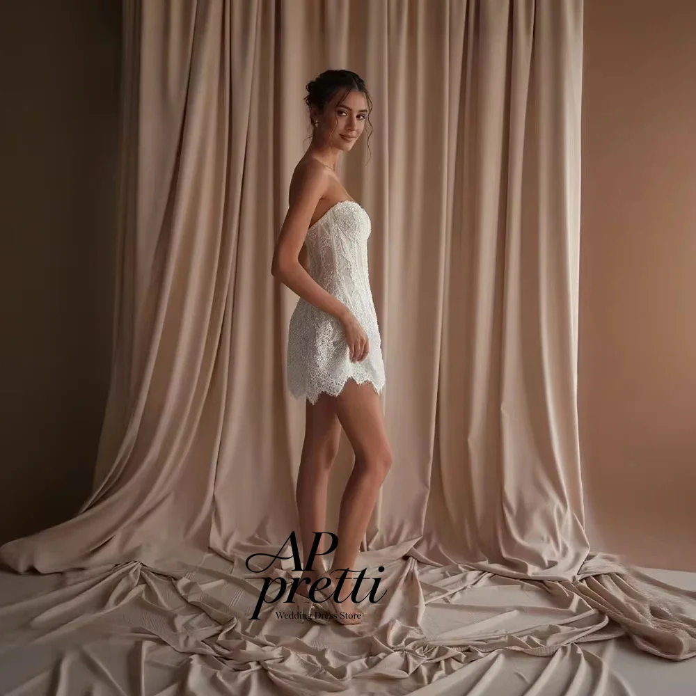 AP pretti Customized White Strapless Floral Lace Wedding Dress Beading Sleeveless Mini A-line Gorgeous Mini Bridal Gown 2026  ﻿