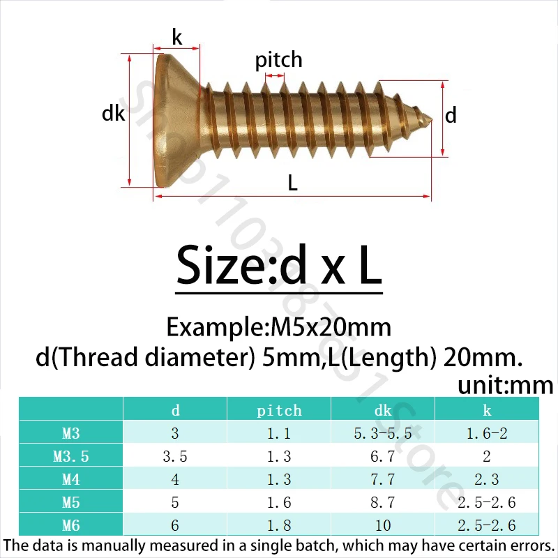 Śruby samogwintujące z łbem stożkowym walcowym, krzyżakowym, płaskim, mosiężne, M3 M3.5 M4 M5 M6, gwint metryczny, do drewna, płyt wiórowych, mebli.