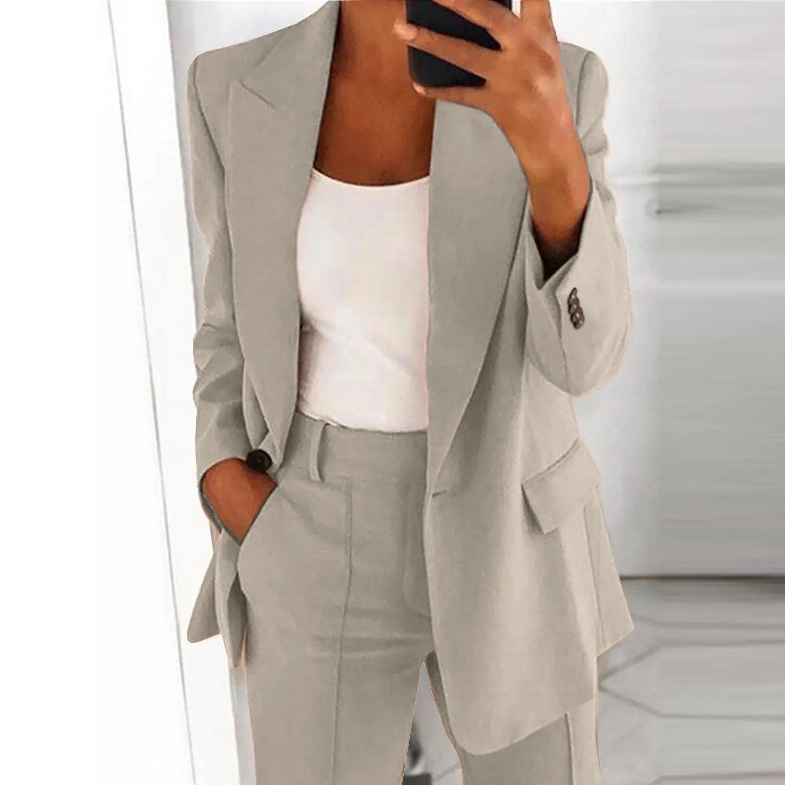 Women\'s Two Piece Lapels Suit Set Office Business Long Sleeve Button Formal Jacket + Pant Suits Slim Loose Trouser Jacket Suit