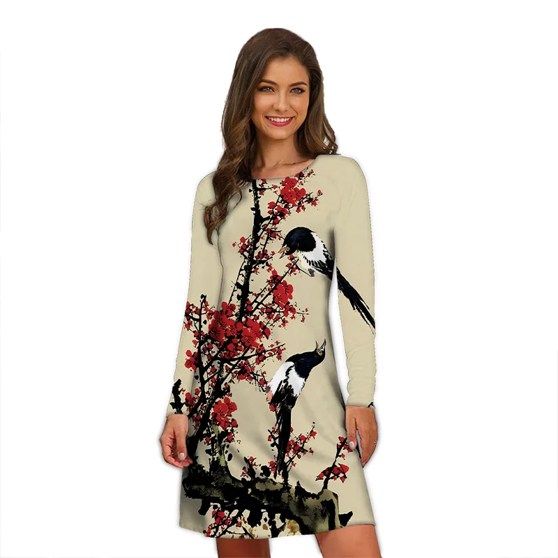 Robe de printemps pour femmes, imprimé Floral, manches longues, décontracté, col rond, vêtements amples, Mini, surdimensionnée, automne, 2023