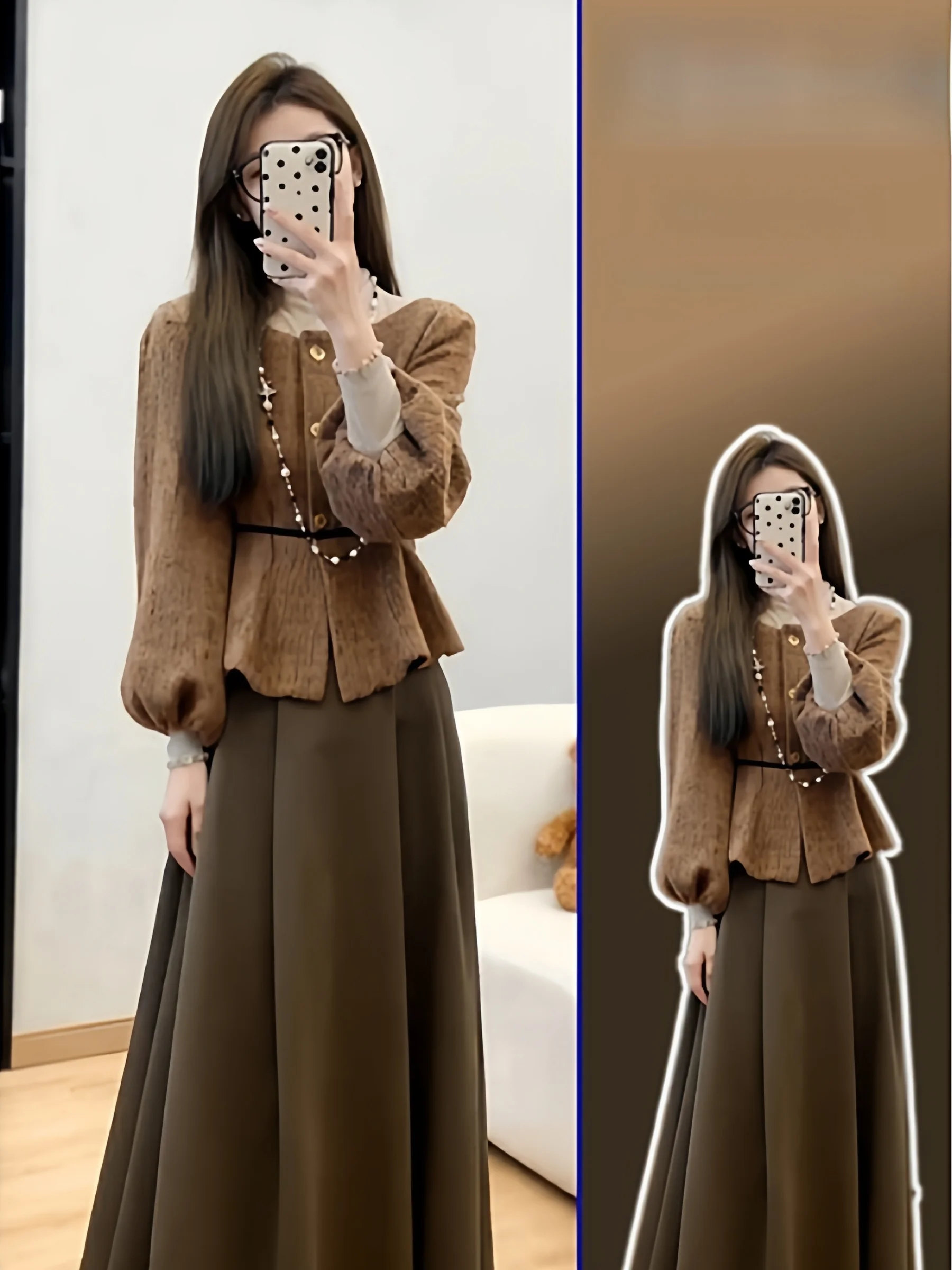 

plus Size Autumn Spring High Waist Lantern Sve Slimming Outerwear A-Line Skirt Two Piece Set Faionable Sle