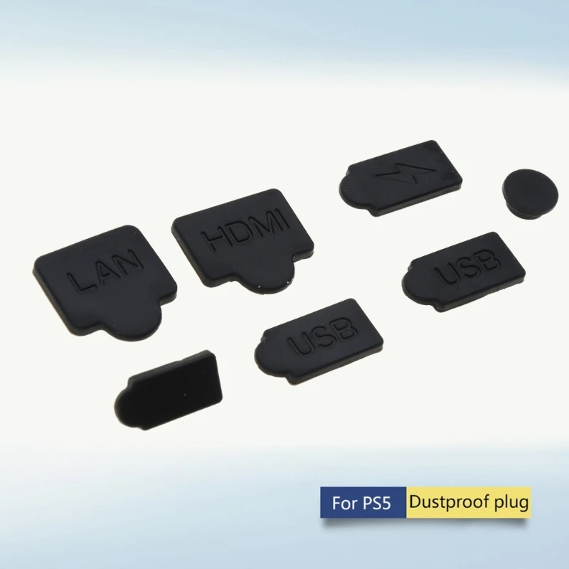 6pcs /7pcs Black Silicone Dust Plugs Set USB HDM Interface Anti-dust Cover Dustproof Plug for PS5 Game Console Accessories Parts