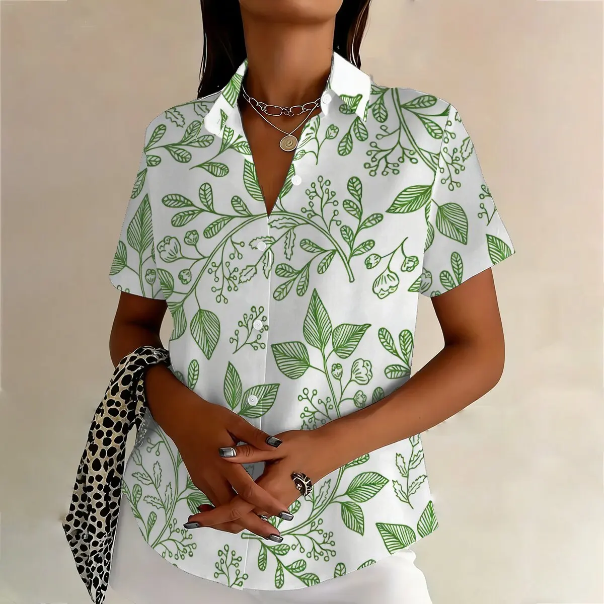 Trendy Plus-Size Women's Short-Sleeve Shirt with Fresh Green Leaf Design, Cool and Casual for Summer Outings, Suitable for Workp image 2