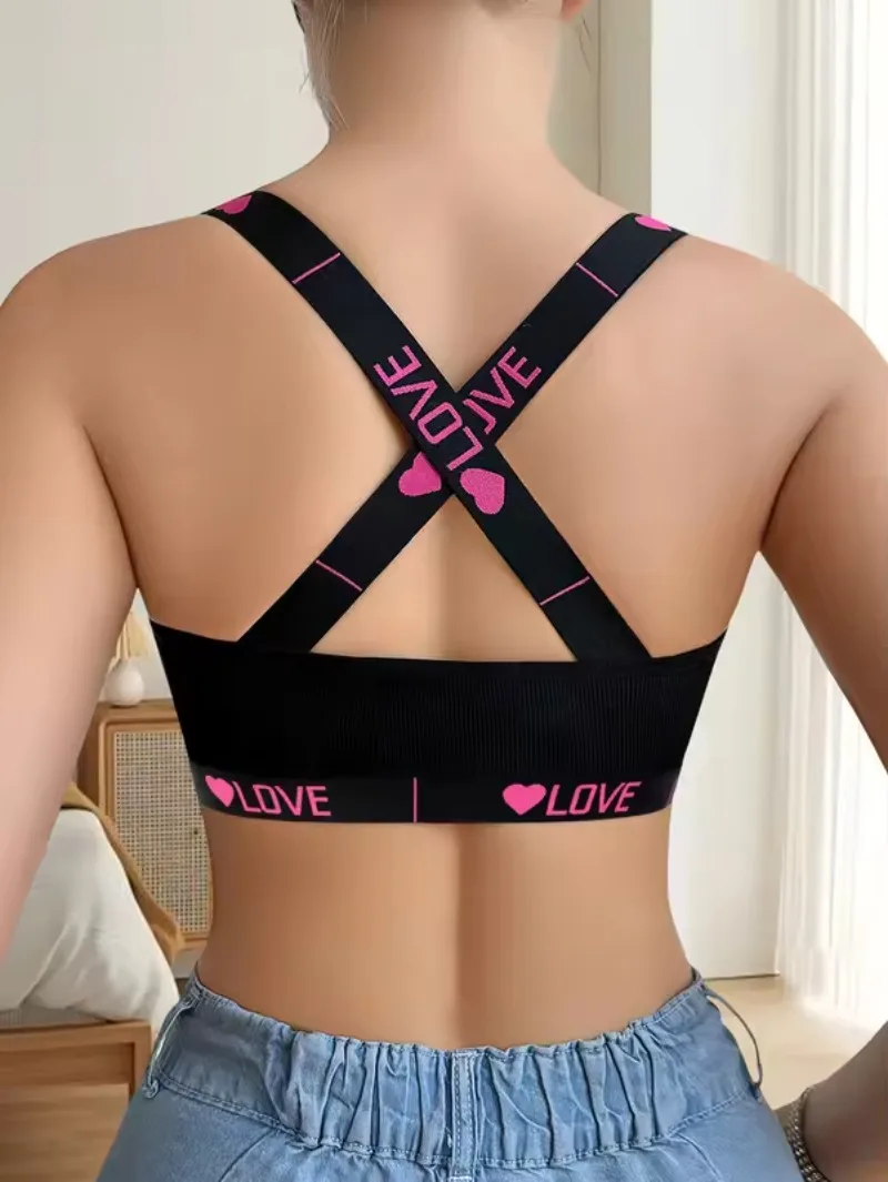 

1pcs New Style Ribbed Wire-Free Sexy Lingerie Padless Women Bras Letter Decor Cross Shoulder Straps Brassiere Female Underwear