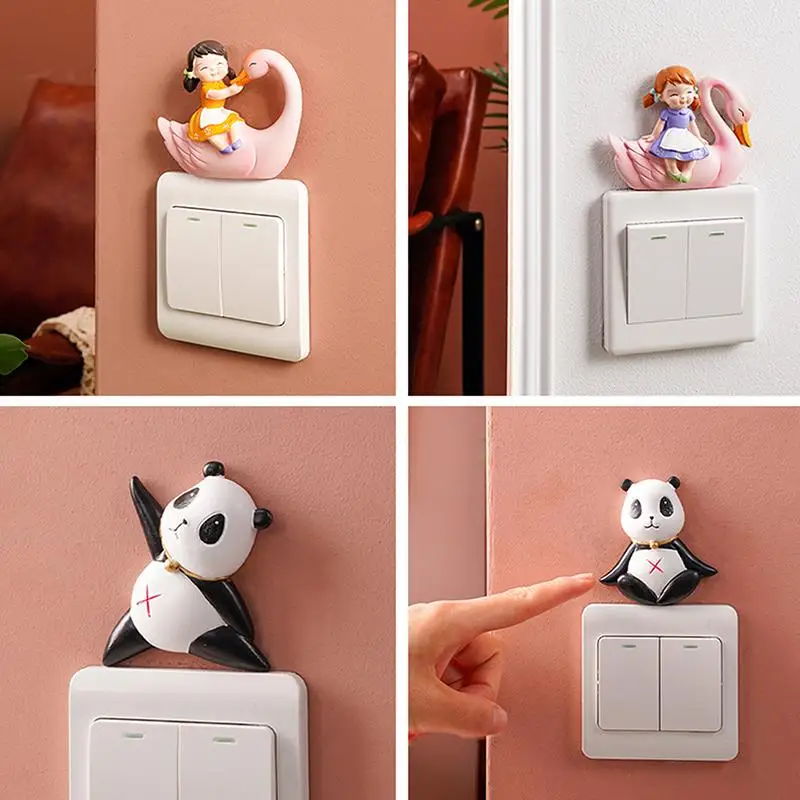 Adorable Light Switch Decoration Resin: Girl Panda Figurine Self-Adhesive Detachable Wall Sticker Switch Ornament Home